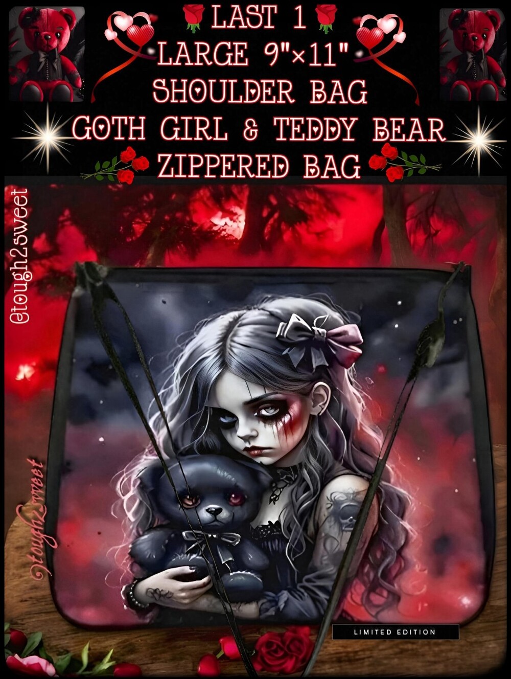 🆕️LAST 1🌹9" BY 11" LARGE  SHOULDER BAG/GOTH GIRL & TEDDY BEAR  ZIPPERED BAG